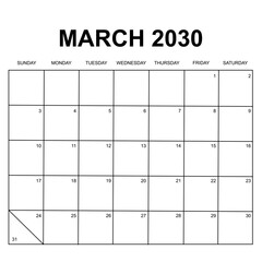 march 2030 calendar. week start on sunday. printable, simple, and clean design isolated on white background. calendar vector design.