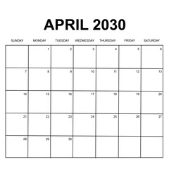 april 2030 calendar. week start on sunday. printable, simple, and clean design isolated on white background. calendar vector design.