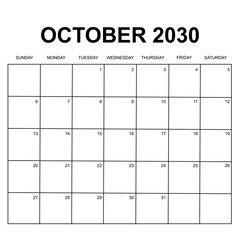 october 2030 calendar. week start on sunday. printable, simple, and clean design isolated on white background. calendar vector design.
