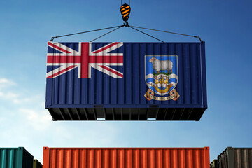 Falkland Islands trade cargo container hanging against clouds background