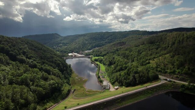 Aerial drone video of flight over the lake in Bad Lauterberg Germany.