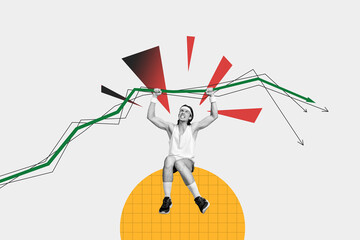Composite photo collage of young angry athlete fall line graph decrease indicators make efforts save raise isolated on painted background