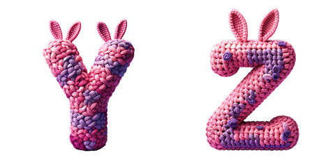 Whimsical Knitted Alphabet Letters with Bunny Ears: Y, Z with transparent background