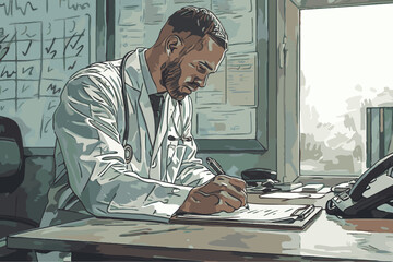 Conscientious Healthcare Professional Diligently Filling Out Medical Forms in Office Setting - obrazy, fototapety, plakaty