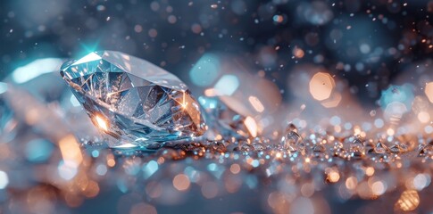 Shiny diamond on table with bokeh and sparkles, luxury gemstone with beautiful light reflections and glimmering effects around it