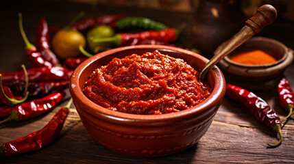 Homemade Turkish chili pepper paste on wooden table he