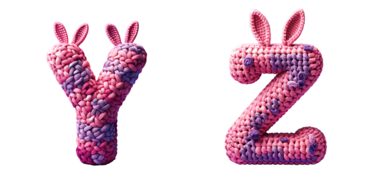 Whimsical Knitted Alphabet Letters with Bunny Ears: Y, Z with transparent background