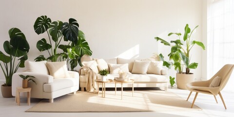 Bright living area with couches and Monstera plant