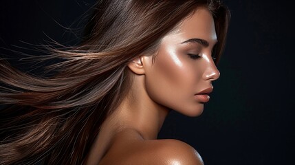 Fototapeta premium Chic brunette with long hair on dark backdrop for hair product ad beauty, health, and care concept