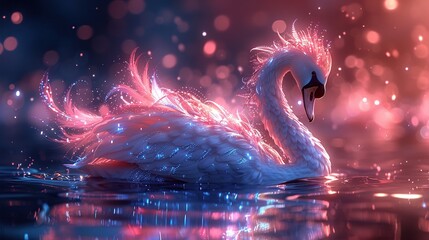Naklejka premium Experience the magic of nature with an illustration of a fantastical animal combining the elegance of a swan with the neon radiance of city lights, merging grace with urban allure.