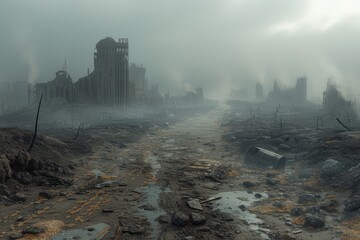 View of a destroyed city during the war, urban landscape of ruins of buildings and rubble. The scene is deserted due to missile attacks and bombings. Concept of desert, apocalypse