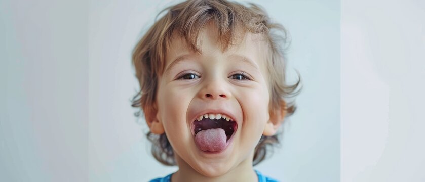 A wide panoramic shot captures a young boy with tousled hair laughing with his tongue out, embodying the essence of childlike glee. The image conveys pure joy and the uninhibited spirit of childhood.