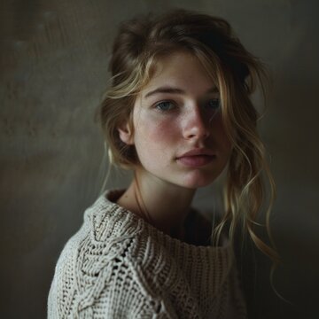 Portrait of a girl. Deep minimalism shoot. Look like a painting, window light. Looks like film colors. Very emotional photo.