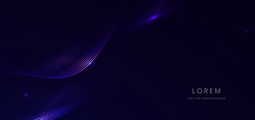 Abstract curved blue lines with glitter light and glowing effect on dark blue background.