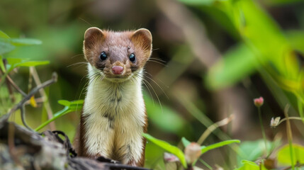 Curious brown weasel peering out of green foliage. - obrazy, fototapety, plakaty