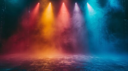 Colorful spotlights illuminate empty stage in dark smoke background