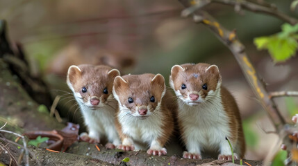 Three weasels peeking through leaves in the wild.
