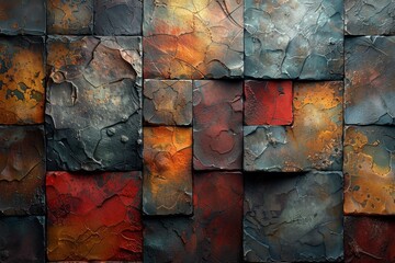 An array of weathered and rusted metal tiles in various colors, creating a mosaic of texture and hues
