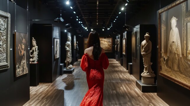 An elegant woman in a long red dress from the back in the gallery museum.