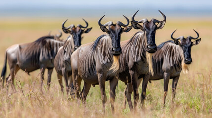 Fototapeta na wymiar Herd of wildebeests standing in the savannah.