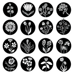 Mystical Meadows - Floral Fantasy. Sticker Collection. Multiple. Vector Icon Illustration. Icon Concept Isolated Premium Vector. Line Art. Black Outline. White Background.