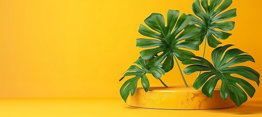 Fototapeta na wymiar Minimalist podium display stand with yellow texture and plant shadow for summer fashion sale art