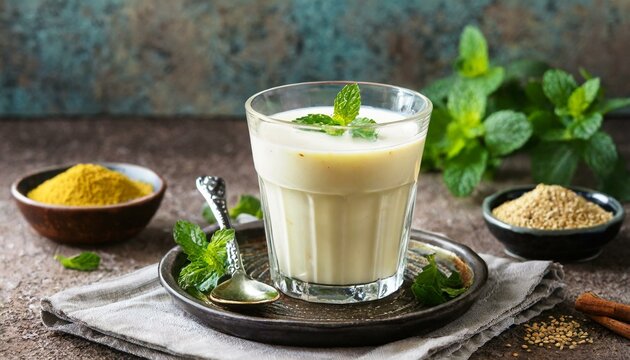Refreshing Masala Buttermilk: Infused with Mint Leaves and Cumin"