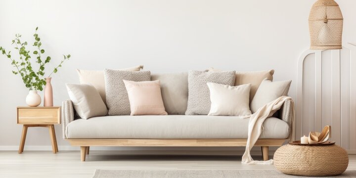 Patterned pillows on a beige settee in a stylish Scandinavian living room.