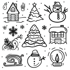 Winter Wonderland - Frosty Fun. Sticker Collection. Multiple. Vector Icon Illustration. Icon Concept Isolated Premium Vector. Line Art. Black Outline. White Background.