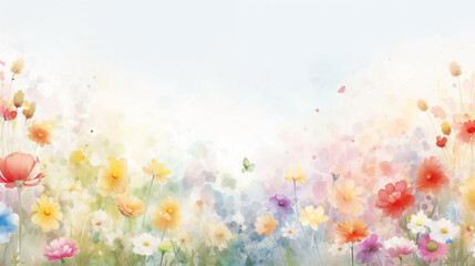 Watercolor background depicting a soft floral field in pastel sunrise hues