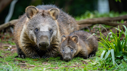 Baby wombat with its mother in a grassy field.