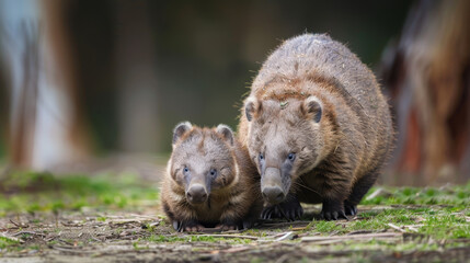 Baby wombat with its mother in their natural bushland habitat.
