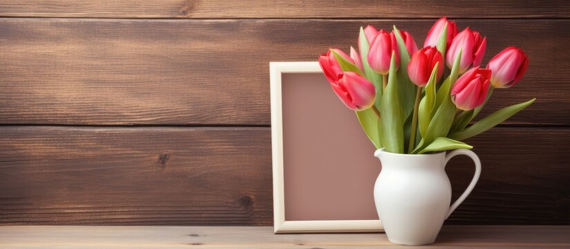 Tulip flower in vase with picture frame on wooden table background close up