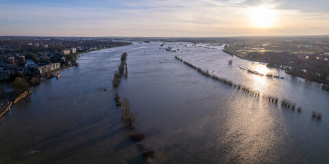 Panorama aerial showing extreme high water level of river IJssel in Zutphen, The Netherlands with...