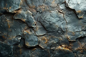 A close-up of a richly textured black rock surface highlighted with golden accents suggesting value and rarity
