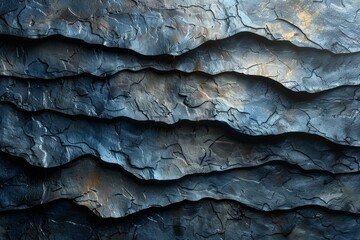 Striking image of stratified rock formations with a warm golden hue illuminating the rugged texture