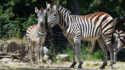 A zebra foal with its mother in the wild.