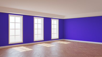 Sunny Interior with Violet Walls, Three Large Windows, White Ceiling and Cornice, Glossy Herringbone Parquet Flooring and a White Plinth, 3D Rendering. 8K Ultra HD, 7680x4320, 300 dpi