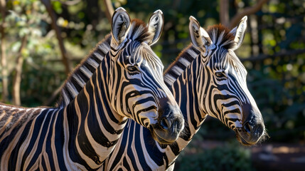 Fototapeta na wymiar Two zebras side by side in a natural setting.