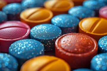 A vivid macro photo showcasing an assortment of colorful pills and medication tablets in detail