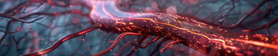 A cinematic and surreal representation of blood vessels transforming into a citys road map symbolizing the bodys transport system with glowing pathways - obrazy, fototapety, plakaty