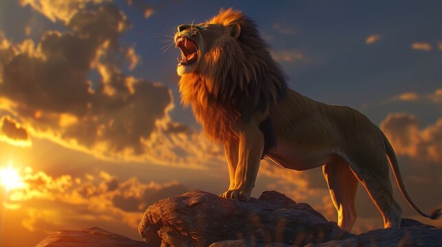 A 3D Realistic Action Style of a majestic lion roaring atop a rocky outcrop as the sun sets in the African savannah