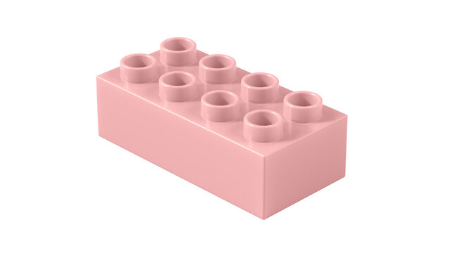 Powder Pink Plastic Lego Block Isolated on a White Background. Children Toy Brick, Perspective View. Close Up View of a Game Block for Constructors. 3D Rendering. 8K Ultra HD, 7680x4320, 300 dpi