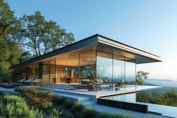 A modern house characterized by its futuristic glass exterior