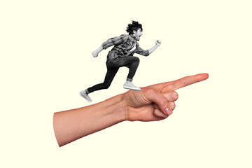 Creative composite photo collage of eccentric inspired man run on finger directing on financial...
