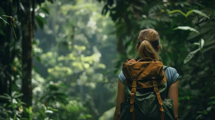 Foto op Plexiglas Woman Hiking Through Forest with backpack © sandsun