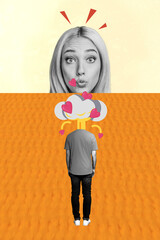 Vertical 3d photo collage of surprised young girl duck face headless guy caricature explosion love...