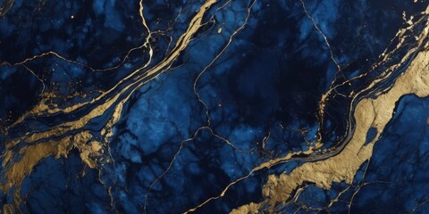 Abstract dark blue marble texture with gold splashes, blue luxury background