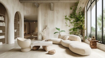 Interior design of large living room decorated in beige colors, with home plants and sunlights.