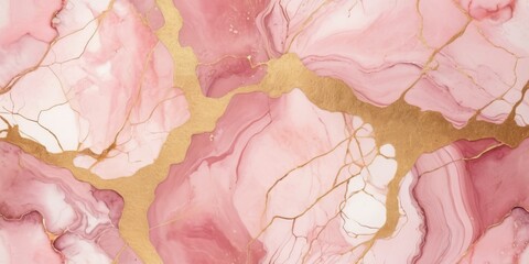 Abstract dusty blush liquid watercolor background with golden cracks. Pastel pink marble alcohol ink